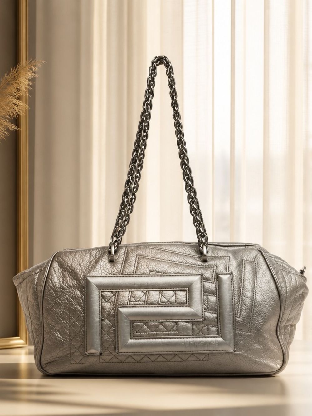 Versace leather shoulder bag in silver quilted
